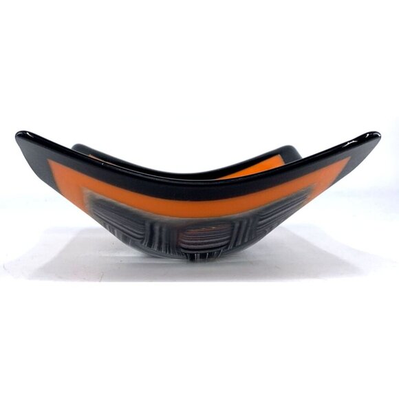 Fused Art Glass Bowl Candy Trinket Dish Black Orange 7 x 7" Unsigned - Picture 7 of 8